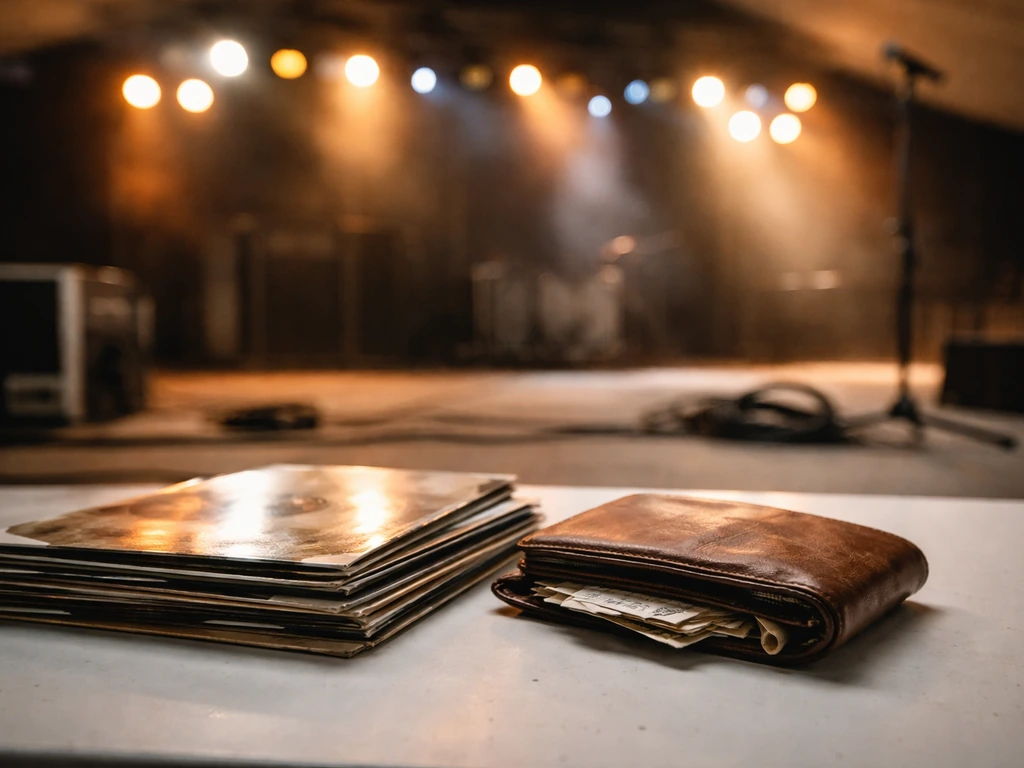 Minimal concert stage lights with a simple stack of vinyl records on a table