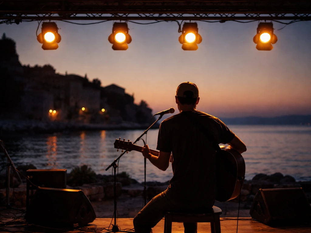 Anonymous guitarist performing on an outdoor coastal festival stage at dusk with the sea in the background