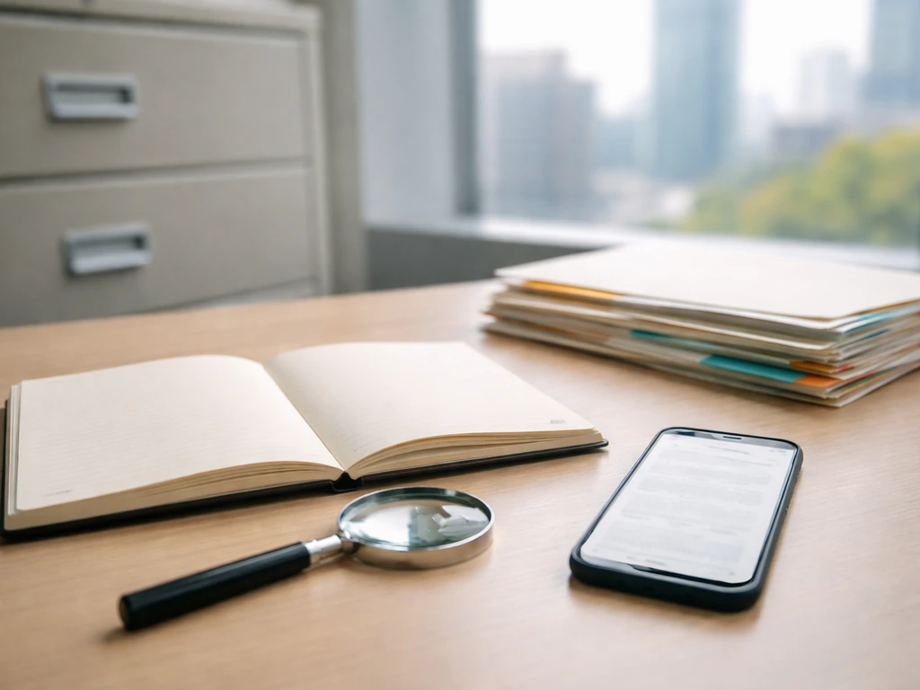 Minimal desk scene with magnifying glass, notebook, and documents suggesting checking public net-worth records