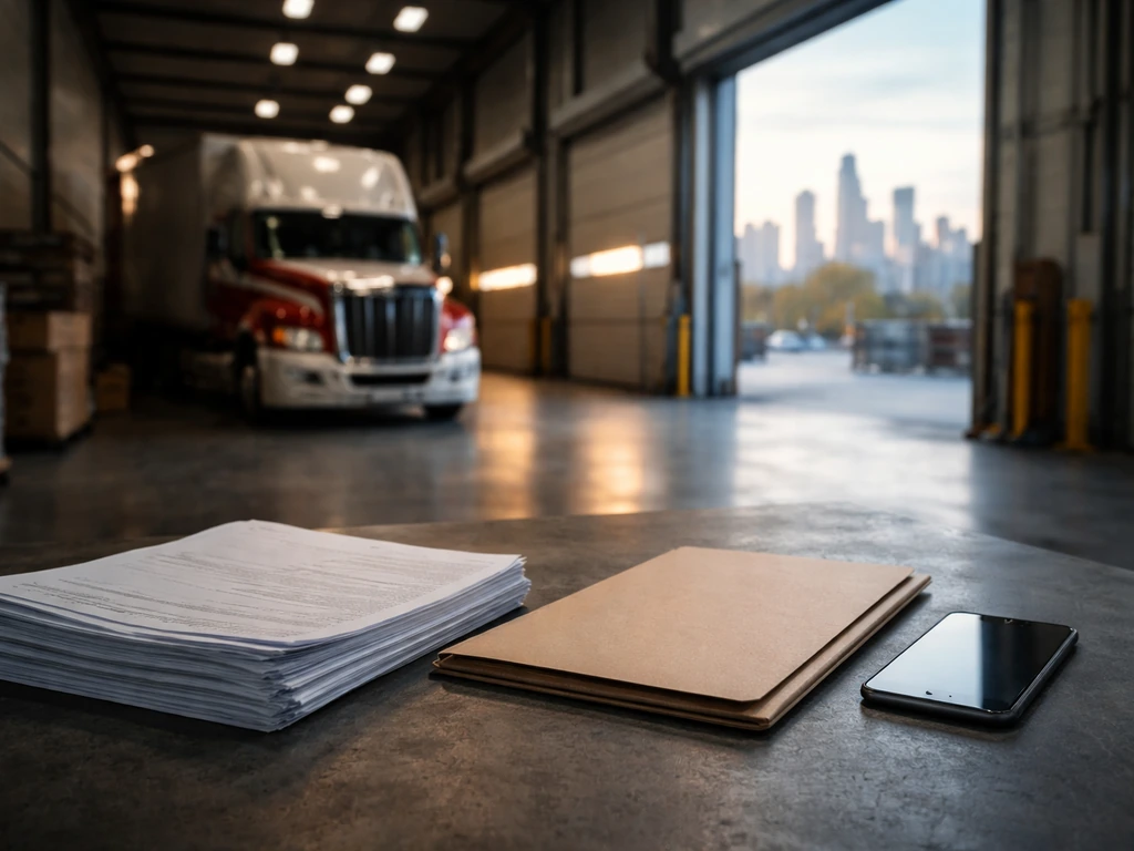 Truck inside a Chicago-area warehouse with business documents and a smartphone, no people, minimal scene.