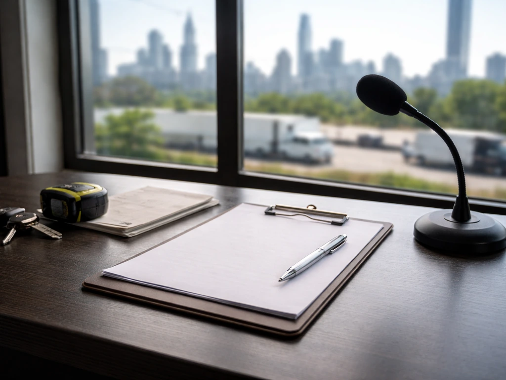 Minimal office scene with freight and logistics symbolism near a Chicago-area skyline through a window.