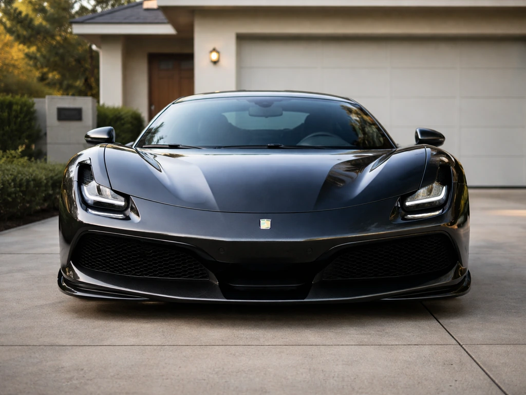 Close-up of a luxury sports car parked in a suburban driveway in front of a modest house exterior.