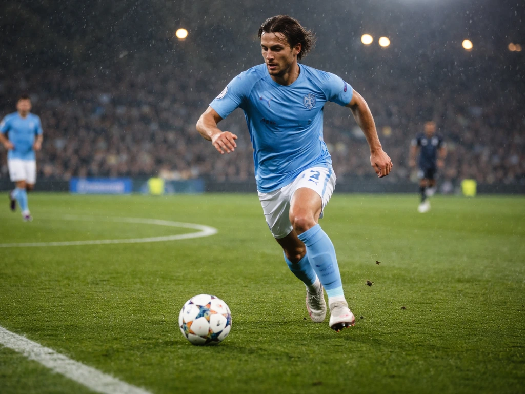 Manchester City midfielder battling for possession on a rainy evening pitch