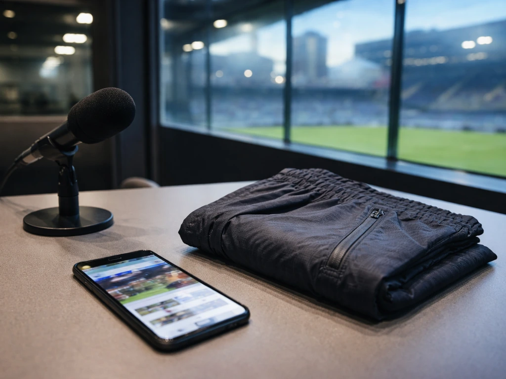 Media room desk with microphone and folded football training gear suggesting sponsorship income.