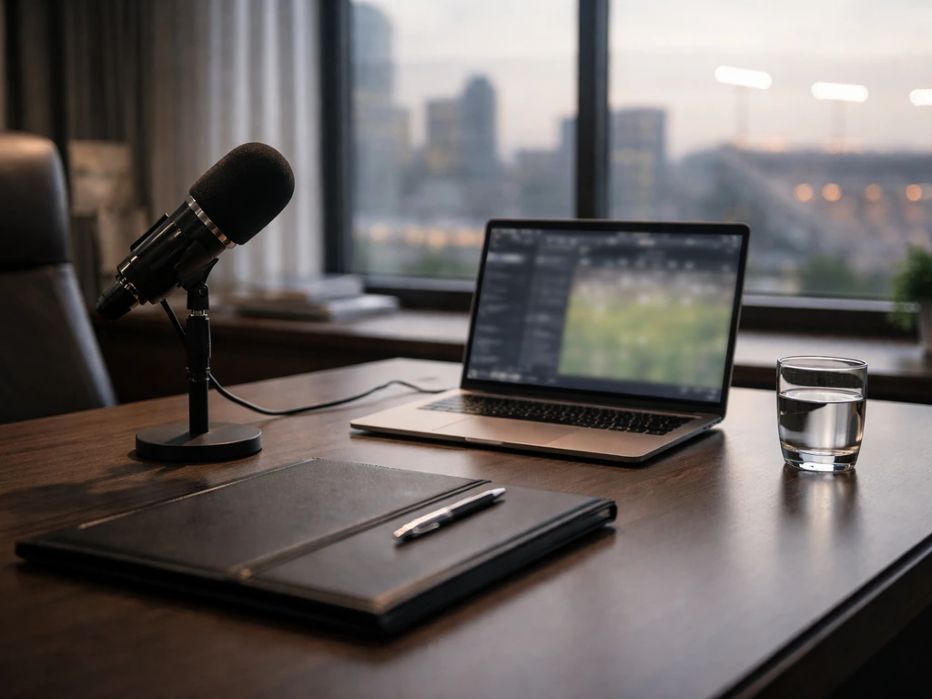 Minimal office desk setup with a microphone and laptop, symbolizing a football executive net worth analysis