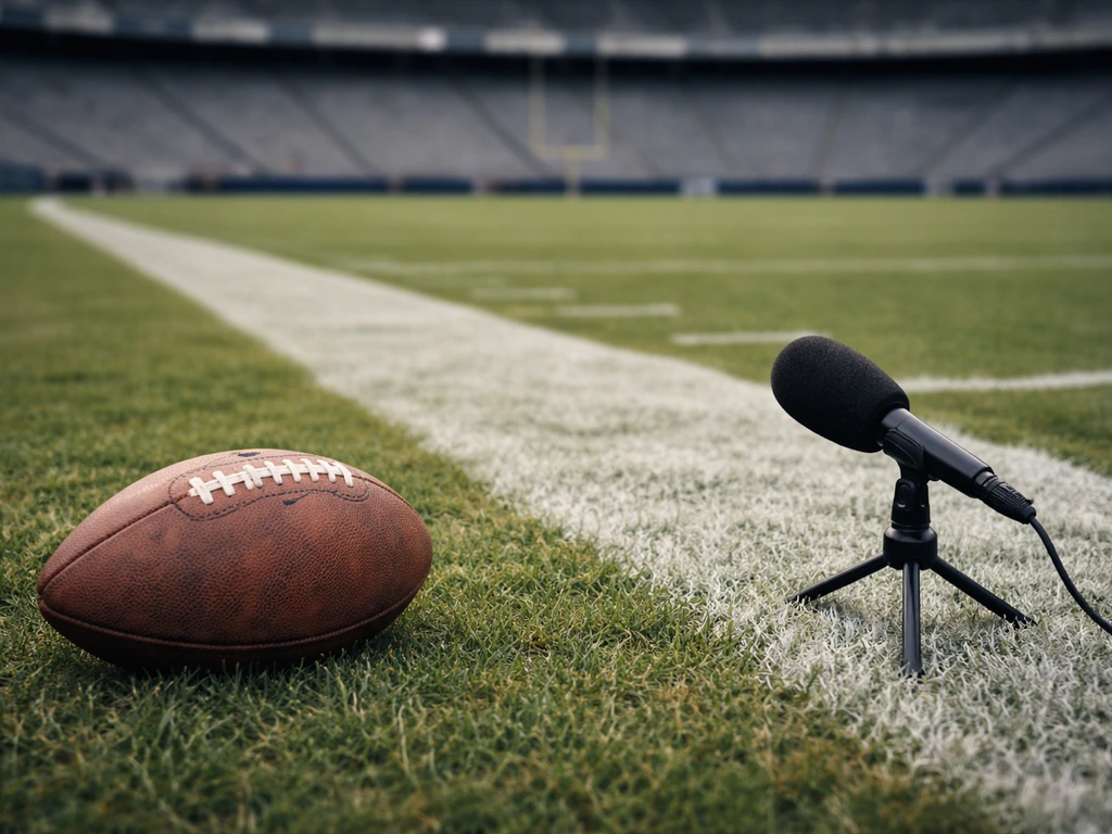 Empty stadium sideline with a football and a broadcast microphone on a tripod, no people visible