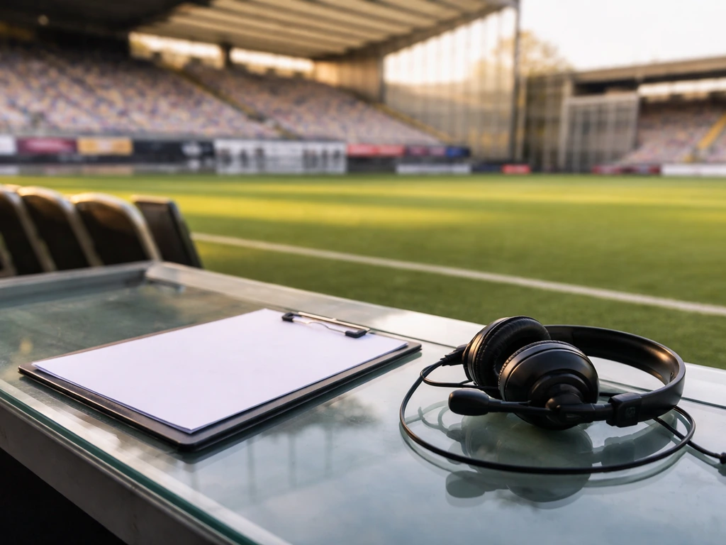 Pitch-side technical area desk with clipboard and headset, symbolizing a football sporting director’s income.