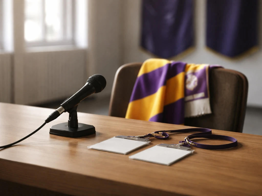 Empty football press room desk with a microphone and blank media lanyards, symbolizing endorsements and media income.