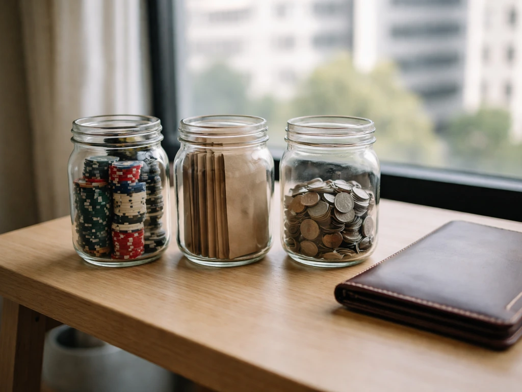 Minimal scene of poker chips and cash in three unlabeled jars, symbolizing net worth components for poker players.