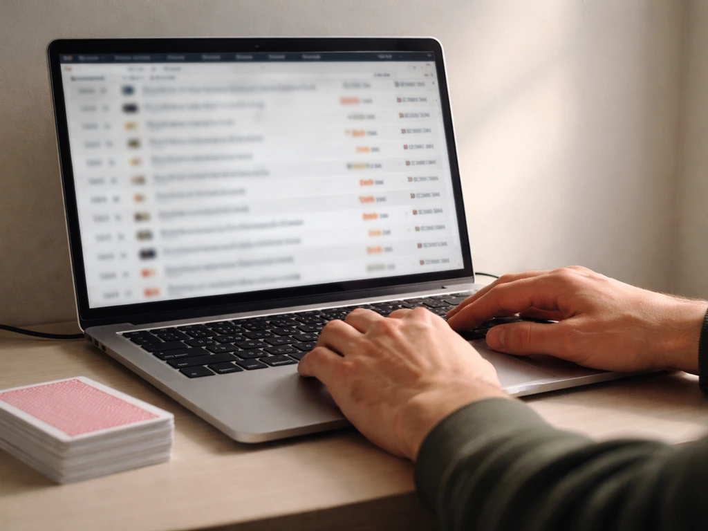 Minimal photo of a laptop showing a tournament results page with poker earnings details (no readable names).
