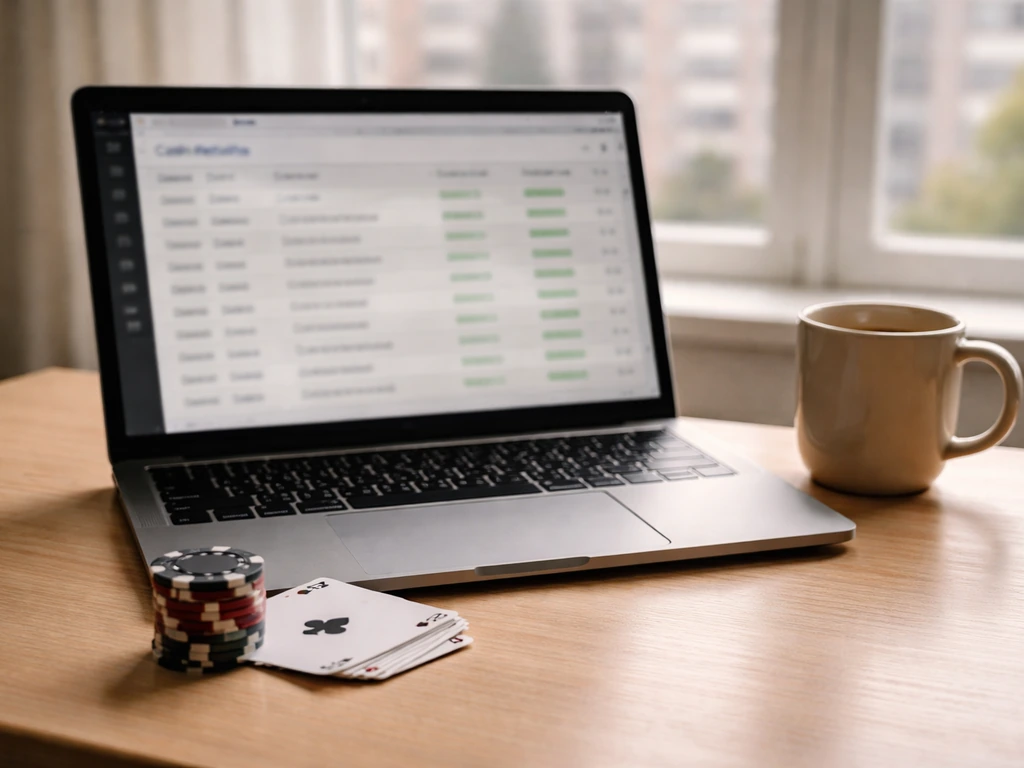 Minimal desk scene with poker-themed items and an open laptop showing a generic cash results list layout