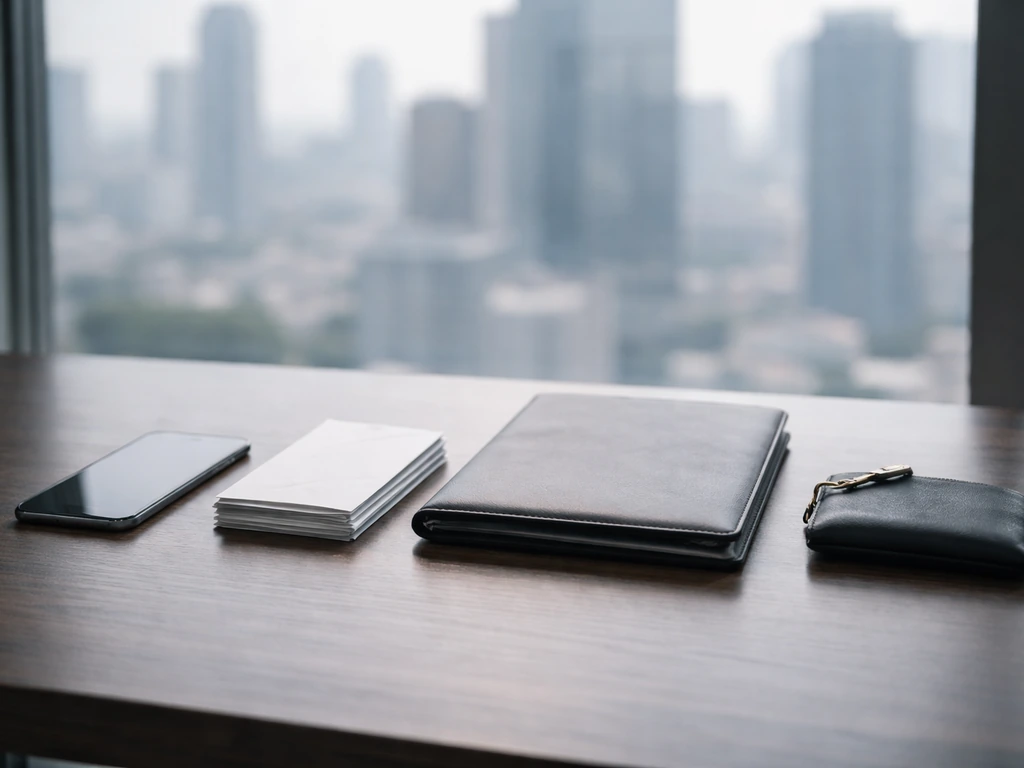 Minimal desk scene with phone, envelopes, leather folder, and coins symbolizing net worth components