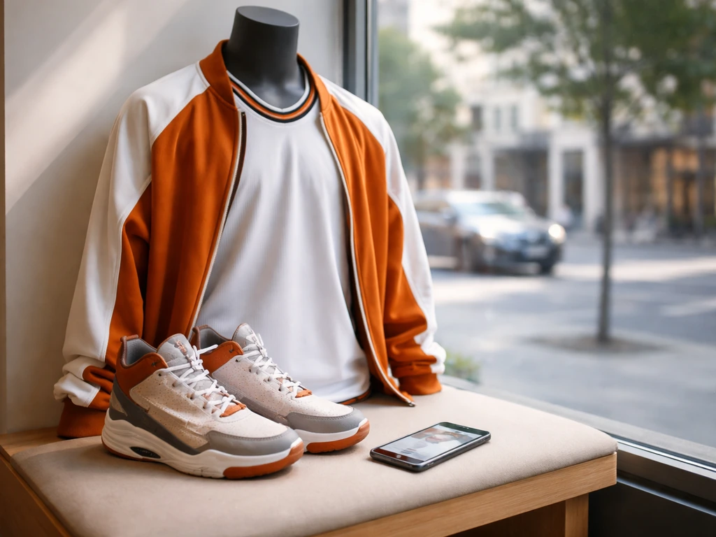 Basketball jersey and sneakers on a display bench with a phone showing an unfocused social feed.