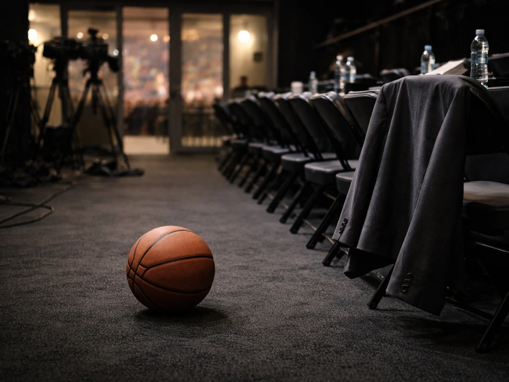 Basketball on the floor near empty press seats and blurred media gear in an arena hallway.