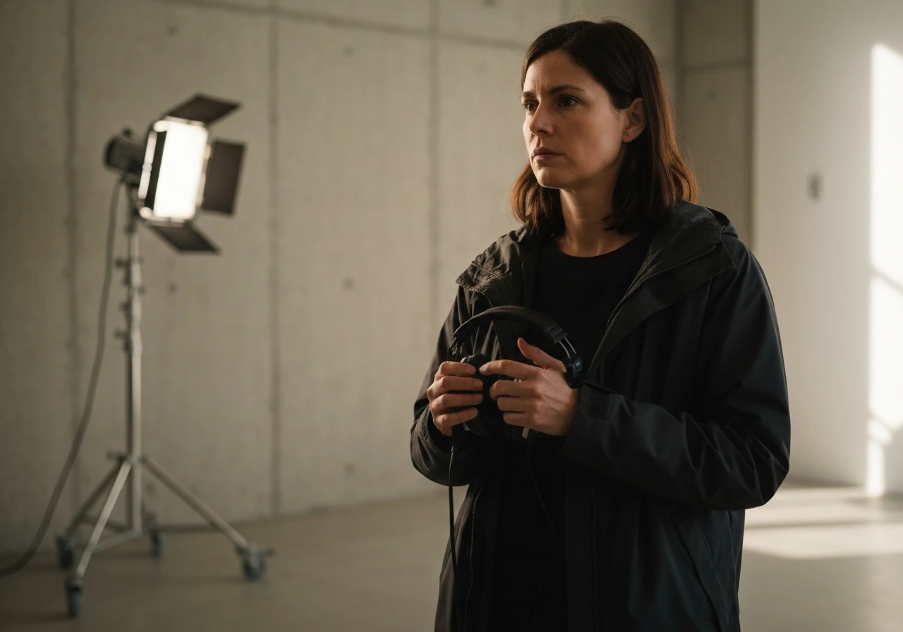 Woman in a simple studio room holding a production headset, hinting at entertainment and stunt work.
