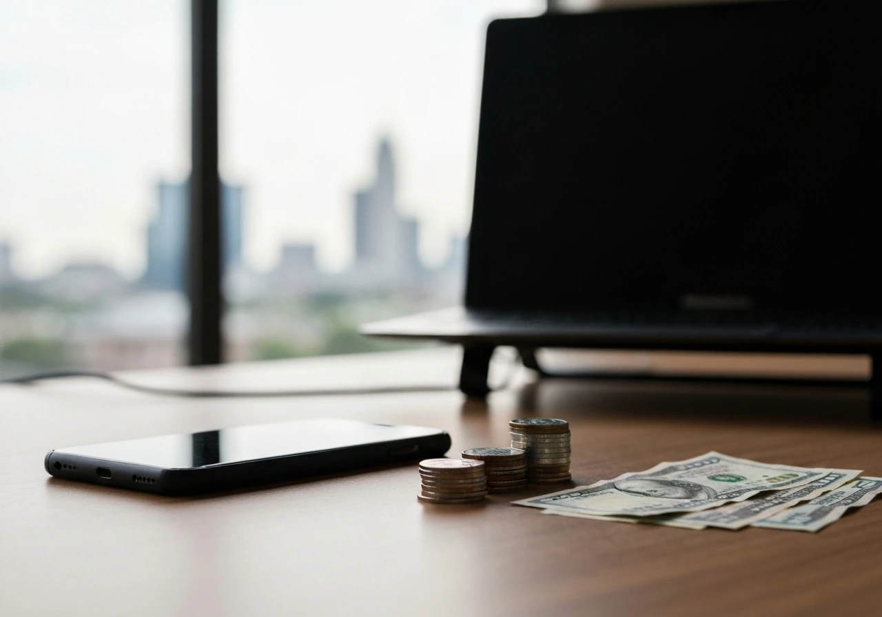Minimal office scene with a smartphone and scattered cash, symbolizing net worth estimates.