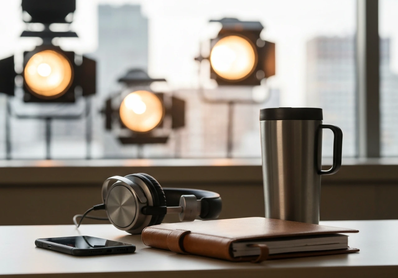Studio desk with phone, headphones, and blank planner, softly blurred lights and city view behind.