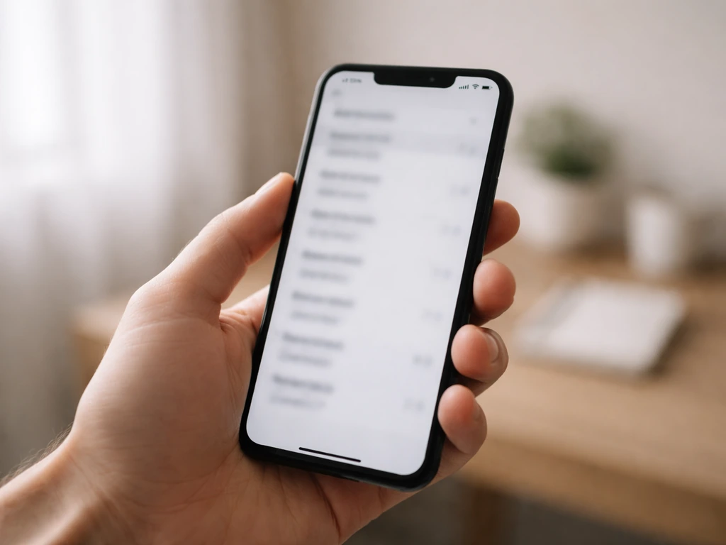 Close-up of a hand hovering over a blurred phone search field with multiple indistinct surname variants
