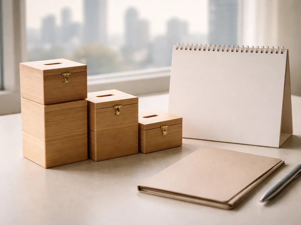 Minimal finance-themed scene with a stack of wooden money boxes beside a blank desk calendar and a business folder.