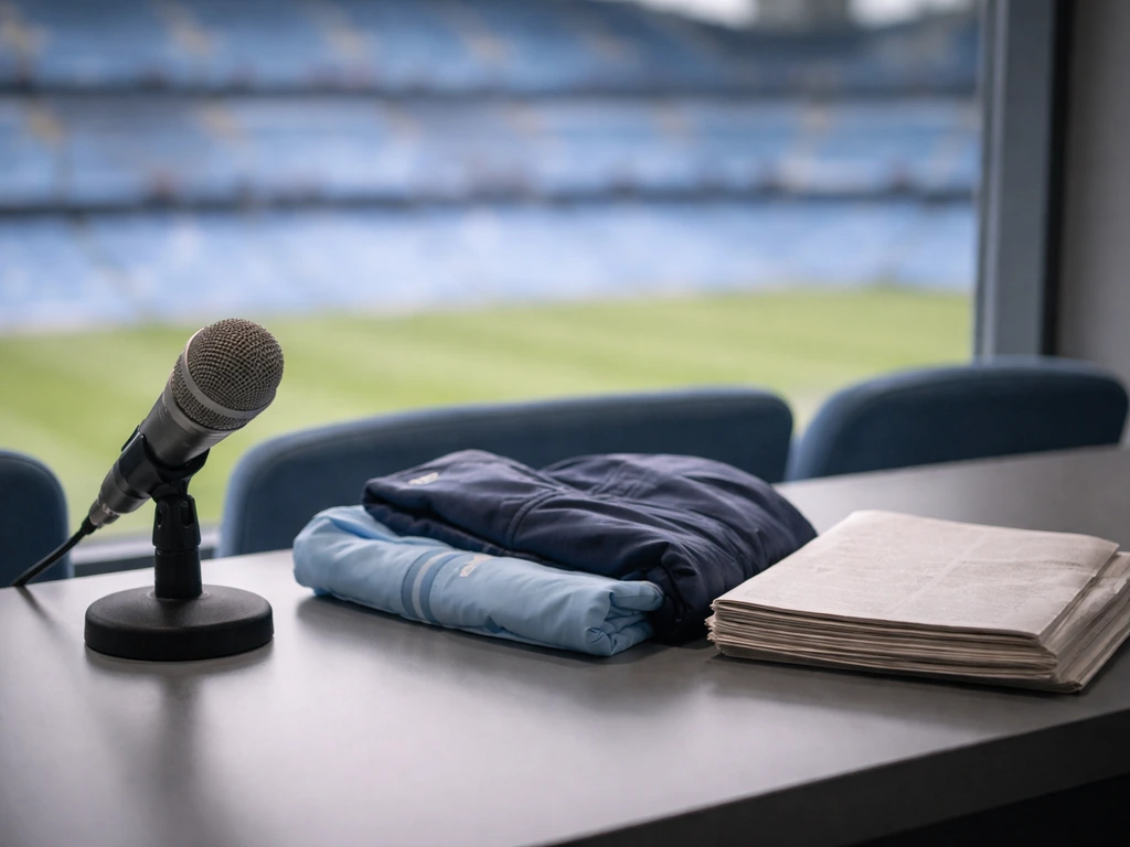 Modern football media room with microphone and training gear, stadium view through a window