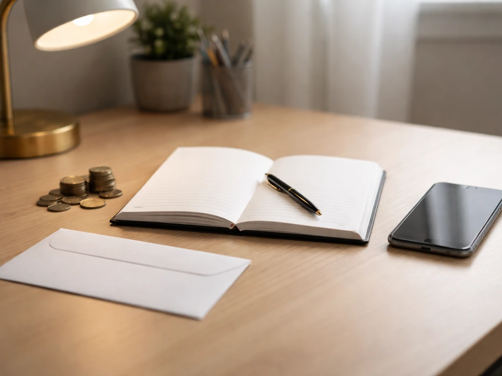 Minimal photo of a notebook with envelope, coins, and a smartphone near a desk lamp symbolizing net-worth calculation in