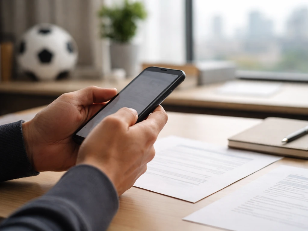 Person at a desk with a smartphone and contract papers, symbolizing checking and updating a footballer net worth figure.