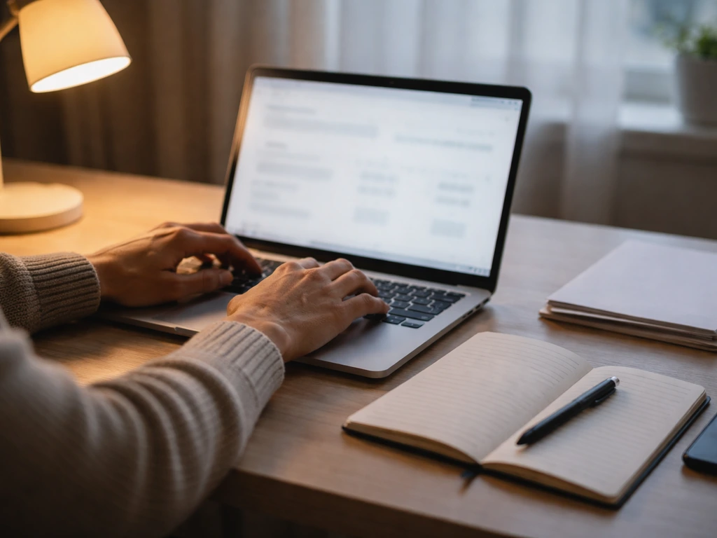 Person reviewing a laptop with blurred financial numbers and a notebook in a quiet home office