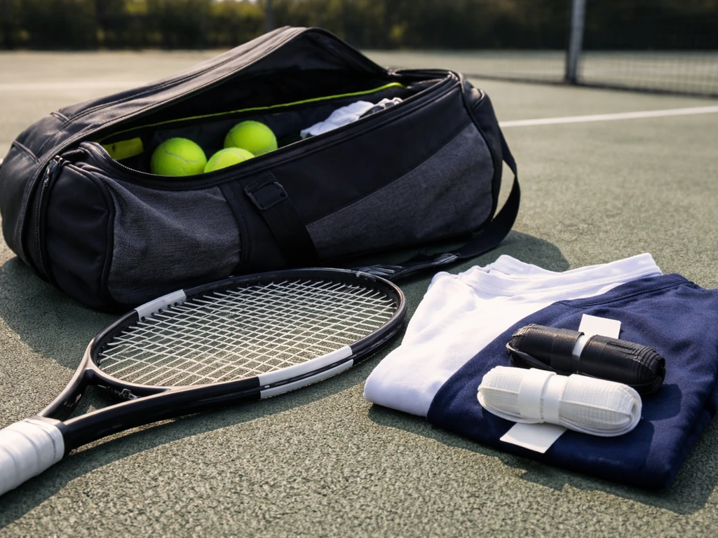 Close-up of a tennis racket and gear with branded apparel tags and sponsor-like details.
