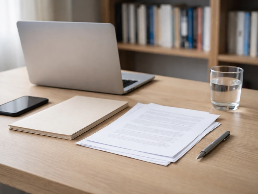 Minimal office desk with laptop, phone, printed sheets, and pen suggesting verification workflow.