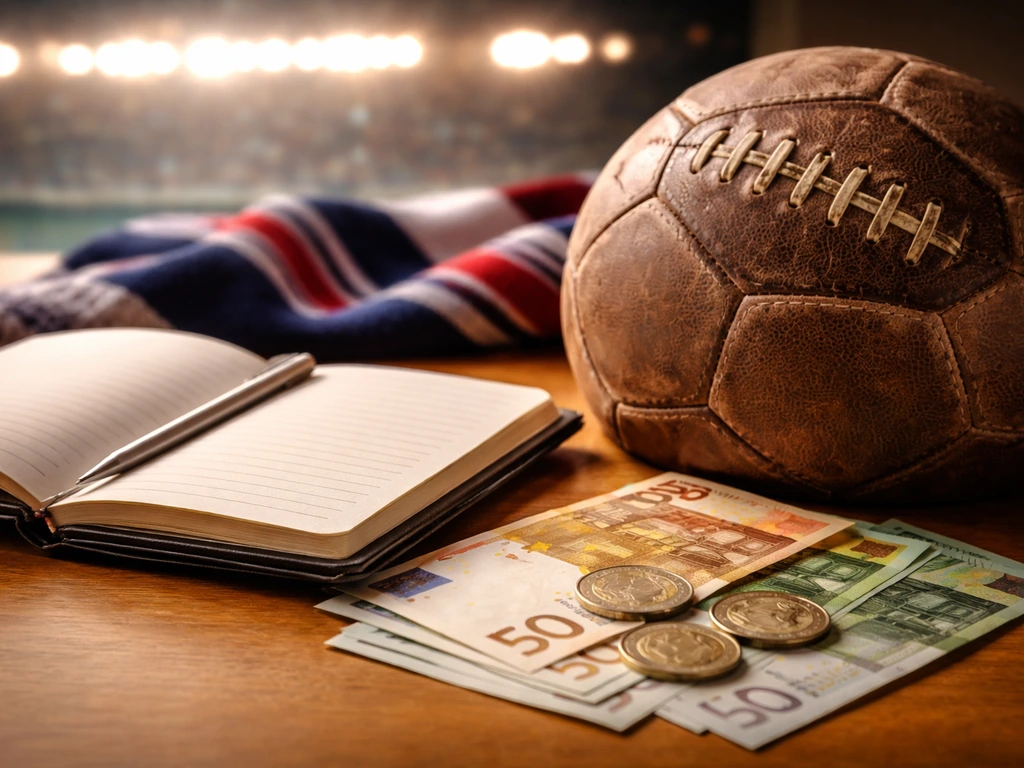 Close-up of a football, coins, and scattered euro bills on a wooden desk with a blurred stadium background.