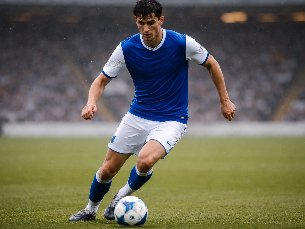 Nikola Žigić in a Birmingham City football kit on the pitch, rainy stadium lighting, England matchday feel.