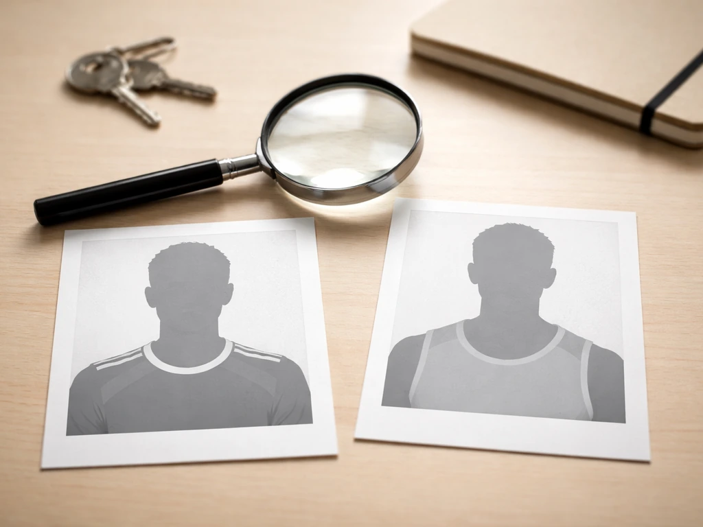 Two anonymous athlete photo cards side-by-side with a magnifying glass to suggest avoiding name mix-ups.