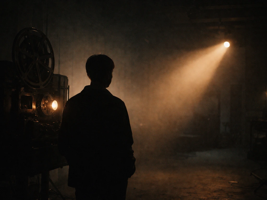 Moody cinematic silhouette in a dim studio with warm light and hints of film/media, symbolizing an actor’s career.
