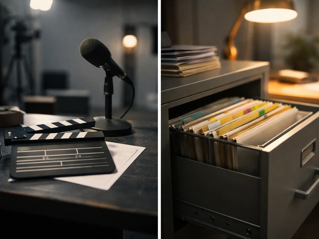 Two side-by-side scenes: film studio gear on the left and an office filing cabinet on the right.