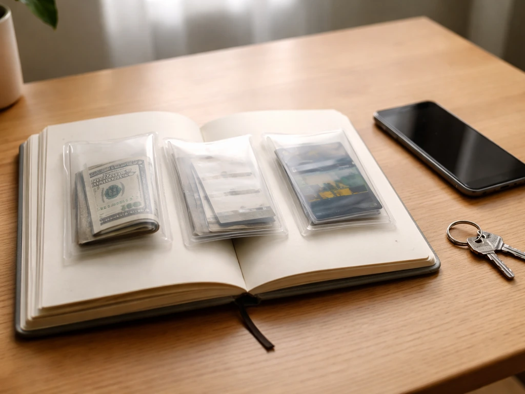 Minimal desk scene showing mixed money items and envelopes beside a notebook, symbolizing net-worth inputs.