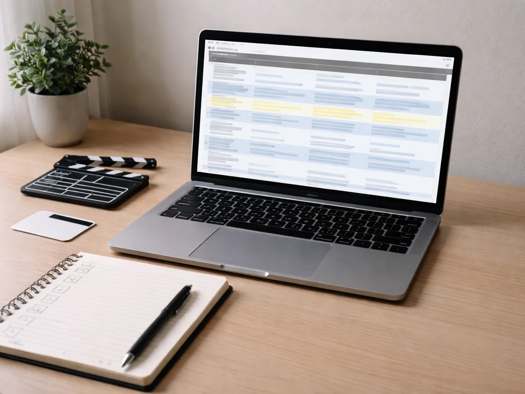Minimal desk scene with notebook checklist, film industry props, and a laptop showing a generic credits grid.