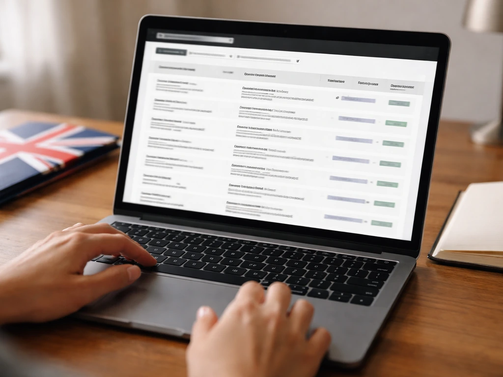Laptop showing a business register search results layout with blank/no-legible details and hands scrolling.