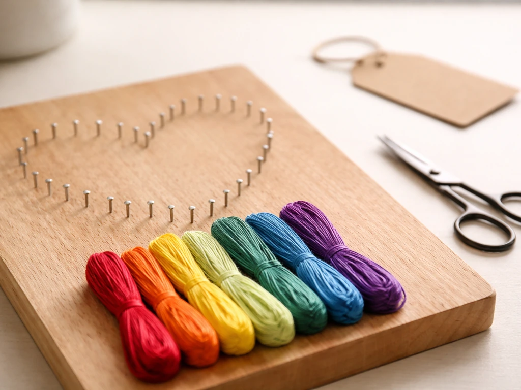 Close-up of string art materials on a wooden board with a blank price tag nearby, softly out of focus.