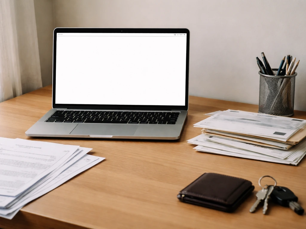 Minimal desk scene with an open laptop showing a blank page, bills and paperwork suggesting financial liabilities.