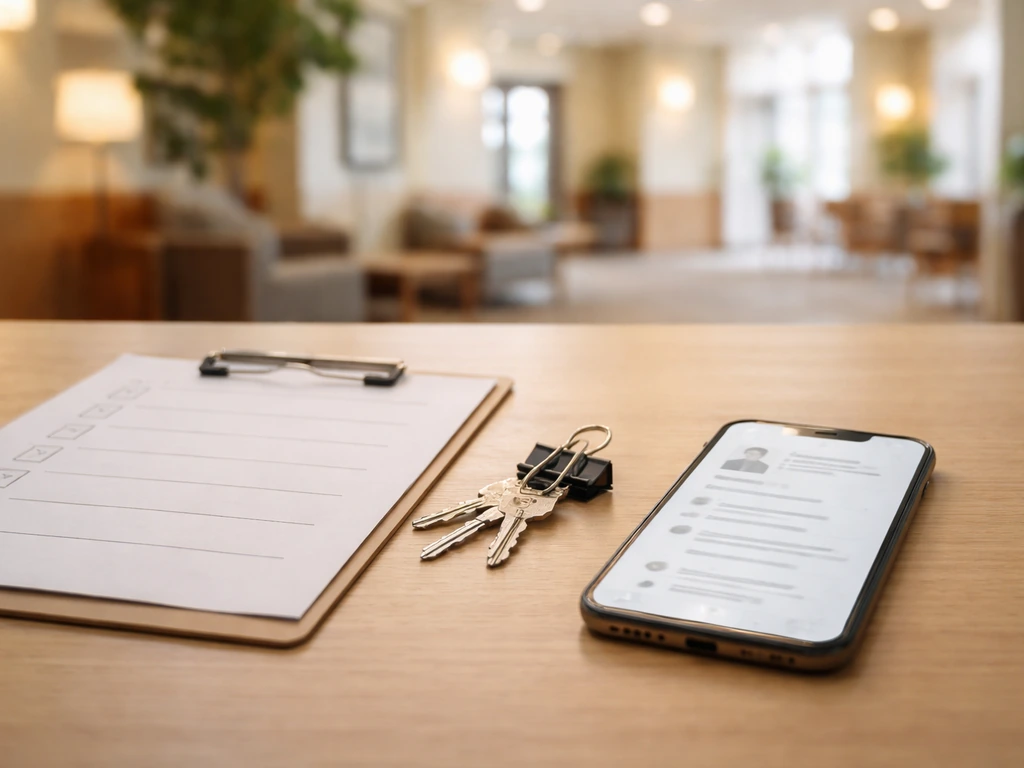 Minimal desk scene with blurred business profile on phone and blank checklist paper for identity verification.