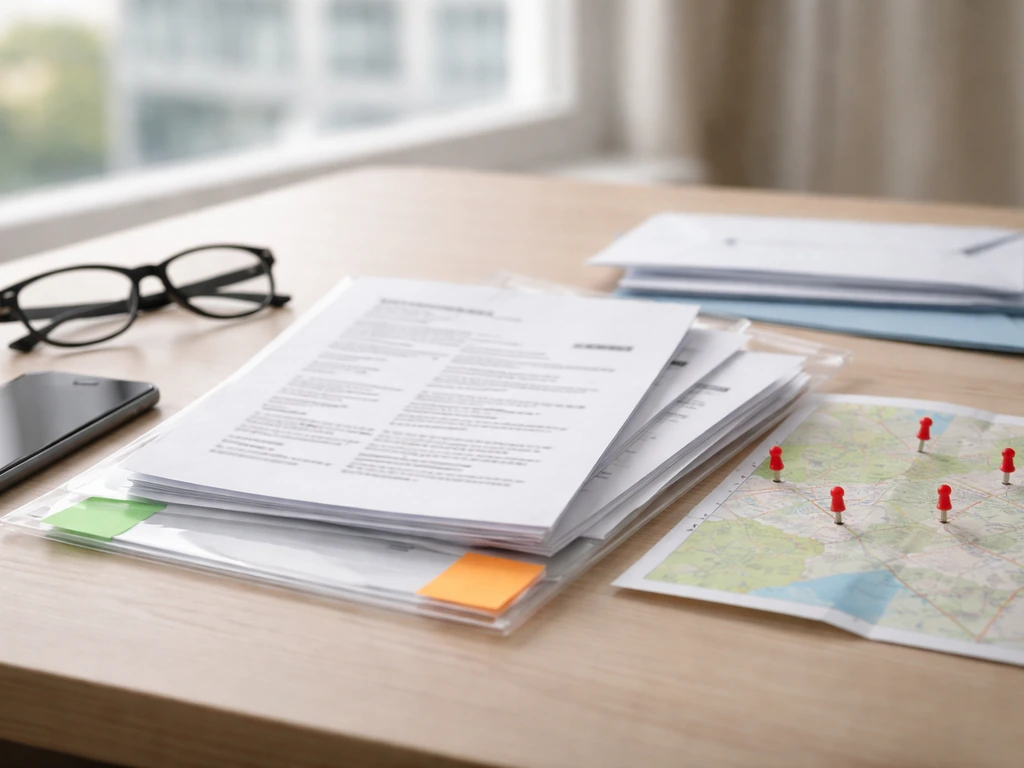 Minimal desk with blurred property documents, map pins, and markers suggesting sources used for an estimate