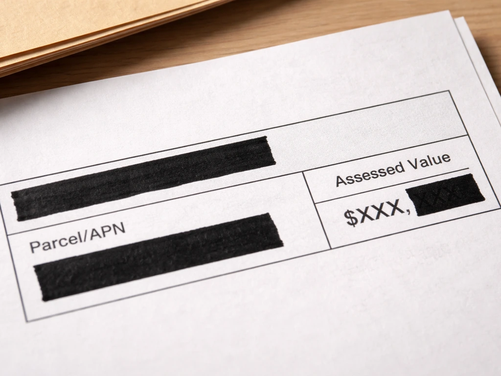 Closeup of a redacted public property assessment record entry with company name and parcel fields visible