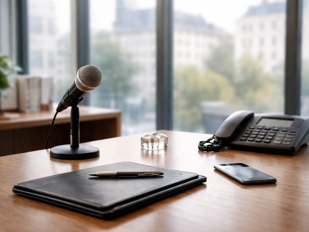 Minimal office scene symbolizing real-estate wealth and investor media focus, no person shown.