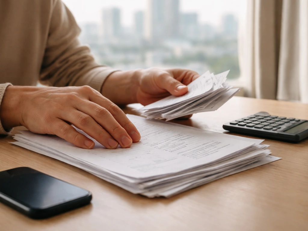 Person reviewing neatly arranged financial documents with a smartphone and calculator on a desk