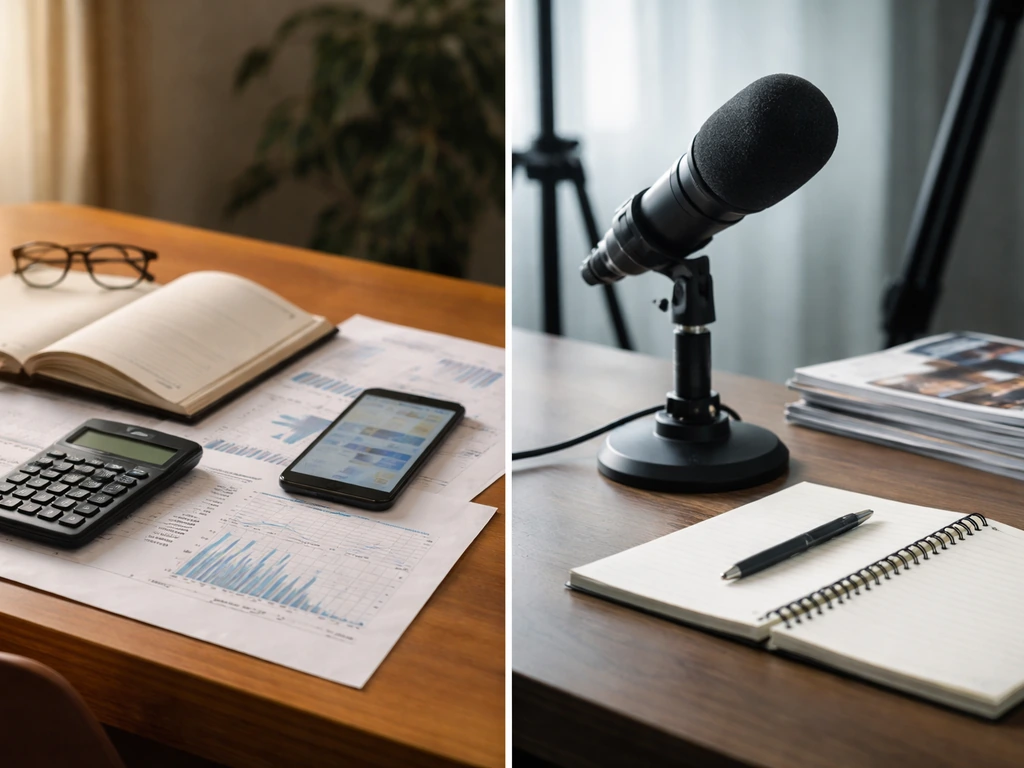 Split workspace photo showing finance documents left and a microphone media setup right, no people or readable text.