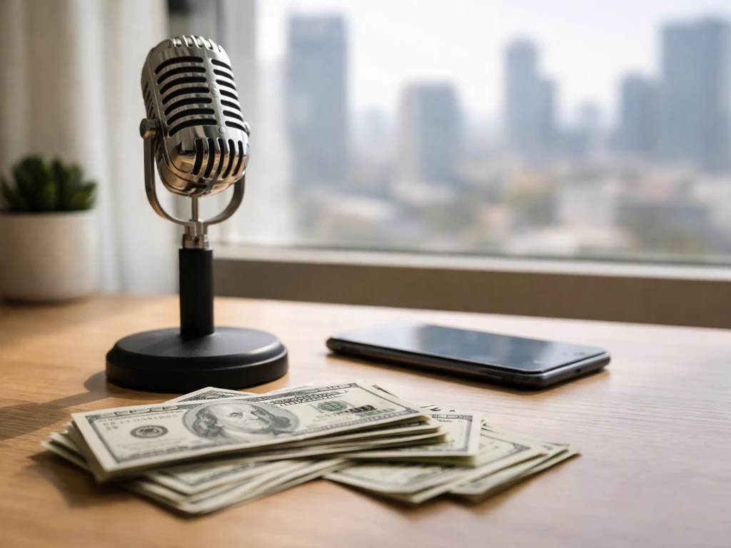 Minimal photo of a music-themed desk with a microphone and cash, symbolizing income verification