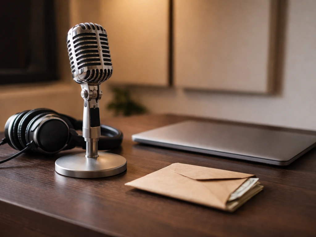 Abstract photo of a microphone on a recording desk beside a closed laptop and cash envelope, symbolizing a pop-folk arti