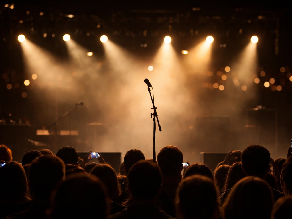 Empty concert arena stage with microphone under warm lights, crowd silhouettes in the foreground.