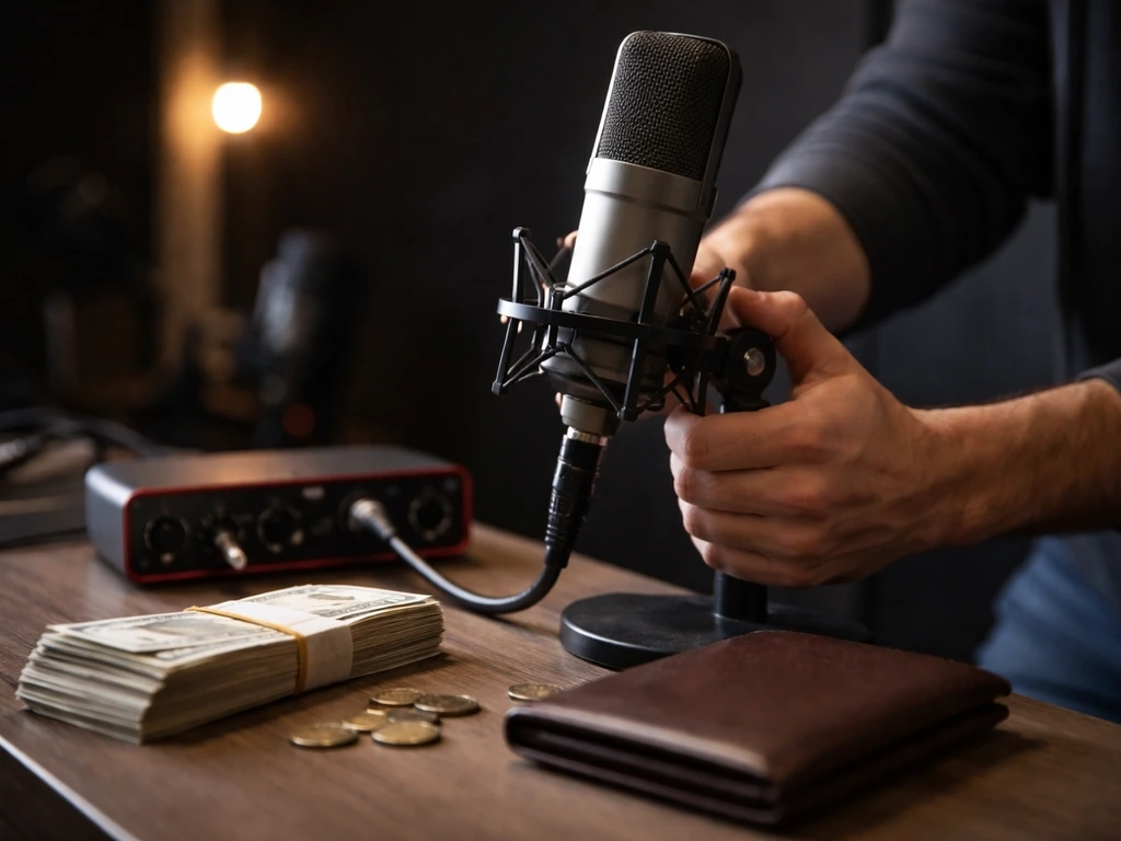 Anonymous music producer in a dim studio with money symbols on a desk, representing darko lazic net worth