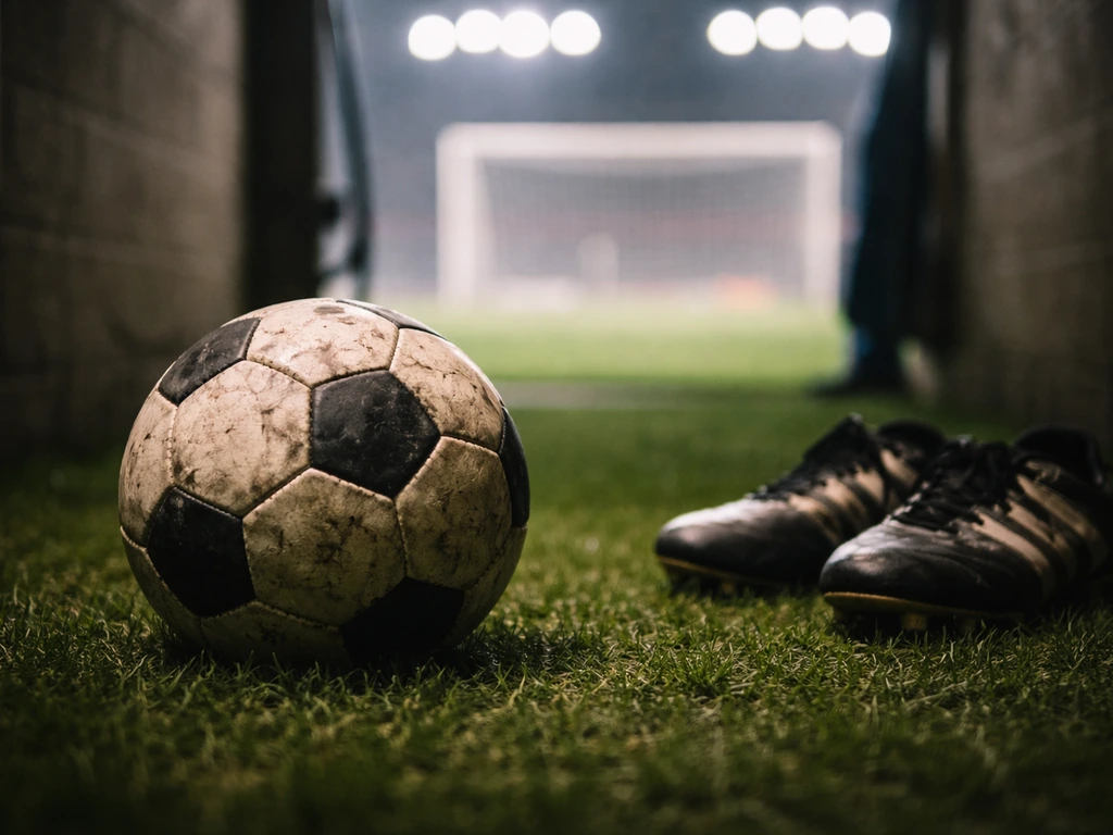 Soccer ball on grass in a quiet stadium corridor, symbolic of a footballer’s career context.